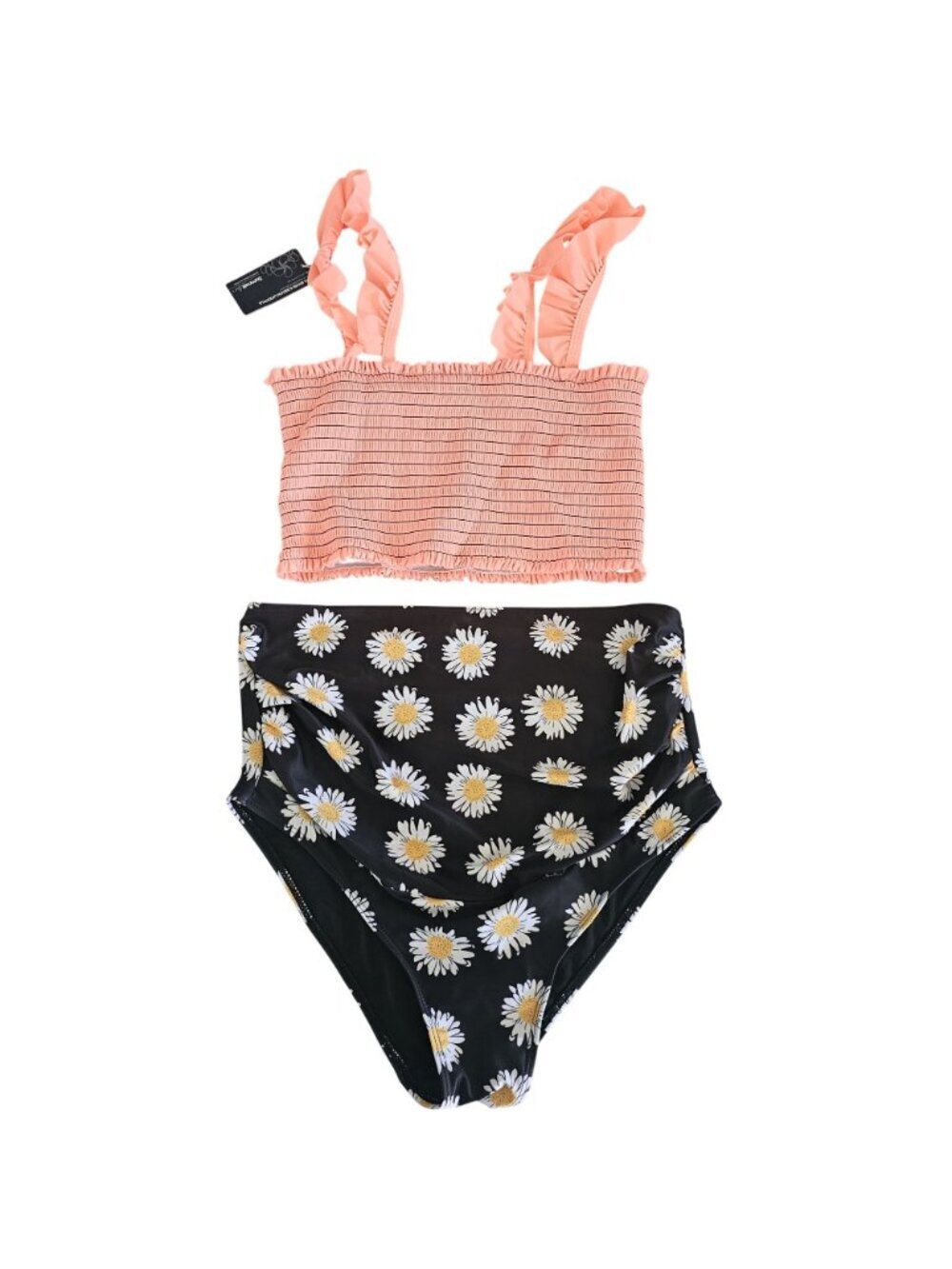 100. Small Maternity Bikini Set Pink Smocked Top Floral High Waist Bottoms - Picture 3 of 3